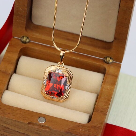 "Red Rectangle Pendant with Gold Frame and Sparkling Stone Accents, XPPT1787 - Picture 8 of 12